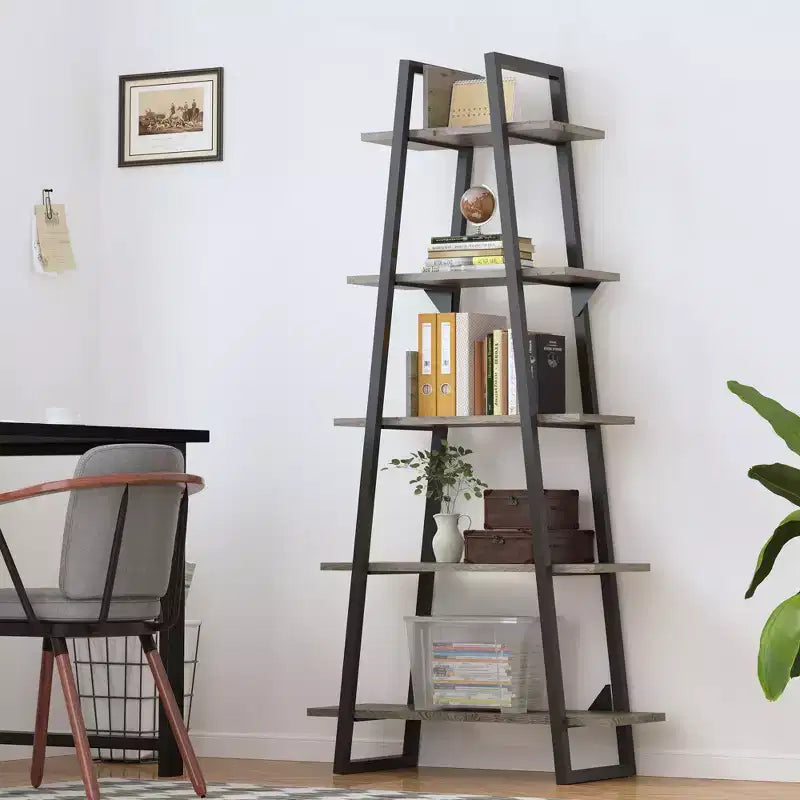 Libreria a Scala a 5 Ripiani, Scaffale da Terra Indipendente — Grigio Scuro / Venature del Legno Giallo Chiaro