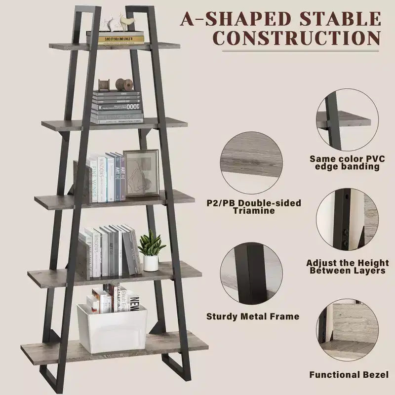 Libreria a Scala a 5 Ripiani, Scaffale da Terra Indipendente — Grigio Scuro / Venature del Legno Giallo Chiaro