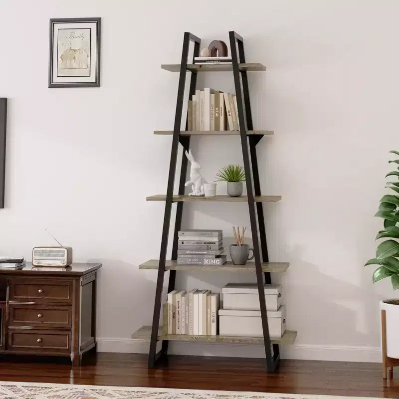 Libreria a Scala a 5 Ripiani, Scaffale da Terra Indipendente — Grigio Scuro / Venature del Legno Giallo Chiaro