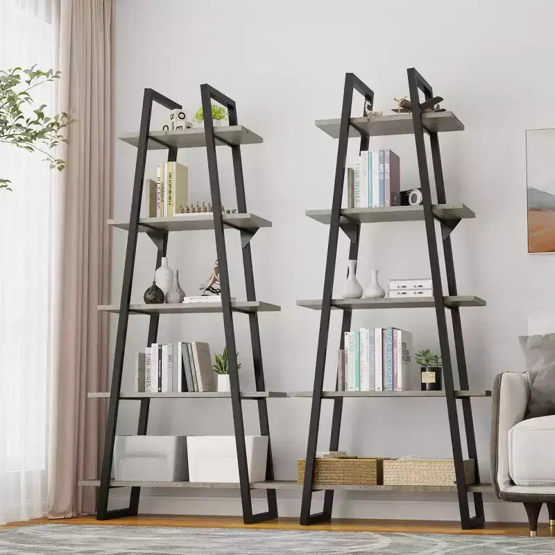 Libreria a Scala a 5 Ripiani, Scaffale da Terra Indipendente — Grigio Scuro / Venature del Legno Giallo Chiaro