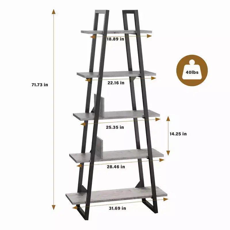Libreria a Scala a 5 Ripiani, Scaffale da Terra Indipendente — Grigio Scuro / Venature del Legno Giallo Chiaro