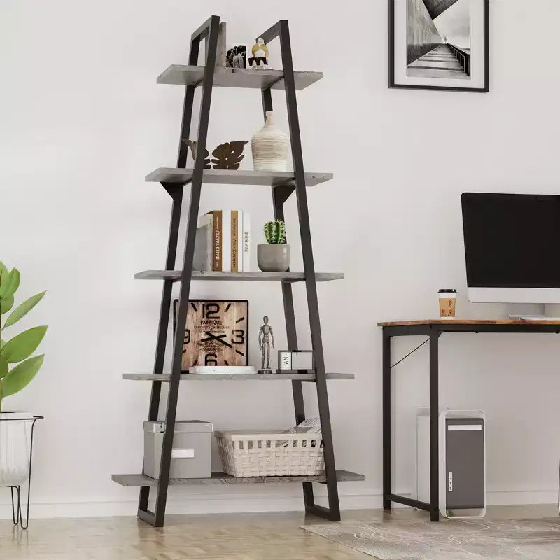 Libreria a Scala a 5 Ripiani, Scaffale da Terra Indipendente — Grigio Scuro / Venature del Legno Giallo Chiaro