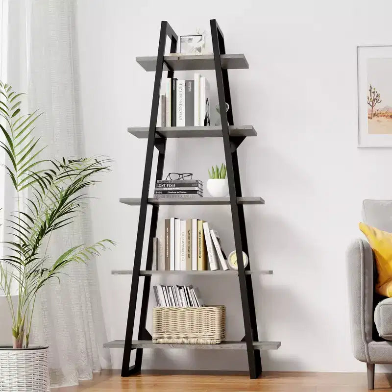Libreria a Scala a 5 Ripiani, Scaffale da Terra Indipendente — Grigio Scuro / Venature del Legno Giallo Chiaro