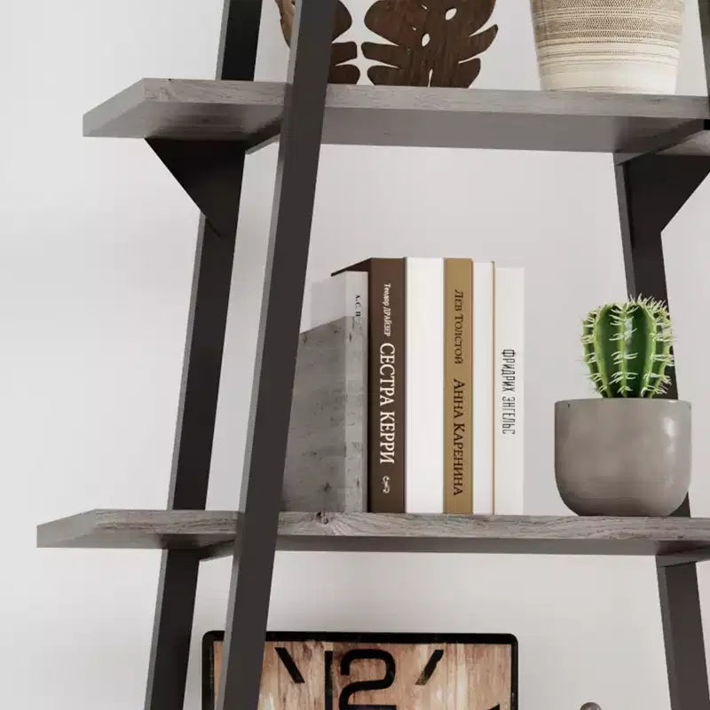 Libreria a Scala a 5 Ripiani, Scaffale da Terra Indipendente — Grigio Scuro / Venature del Legno Giallo Chiaro