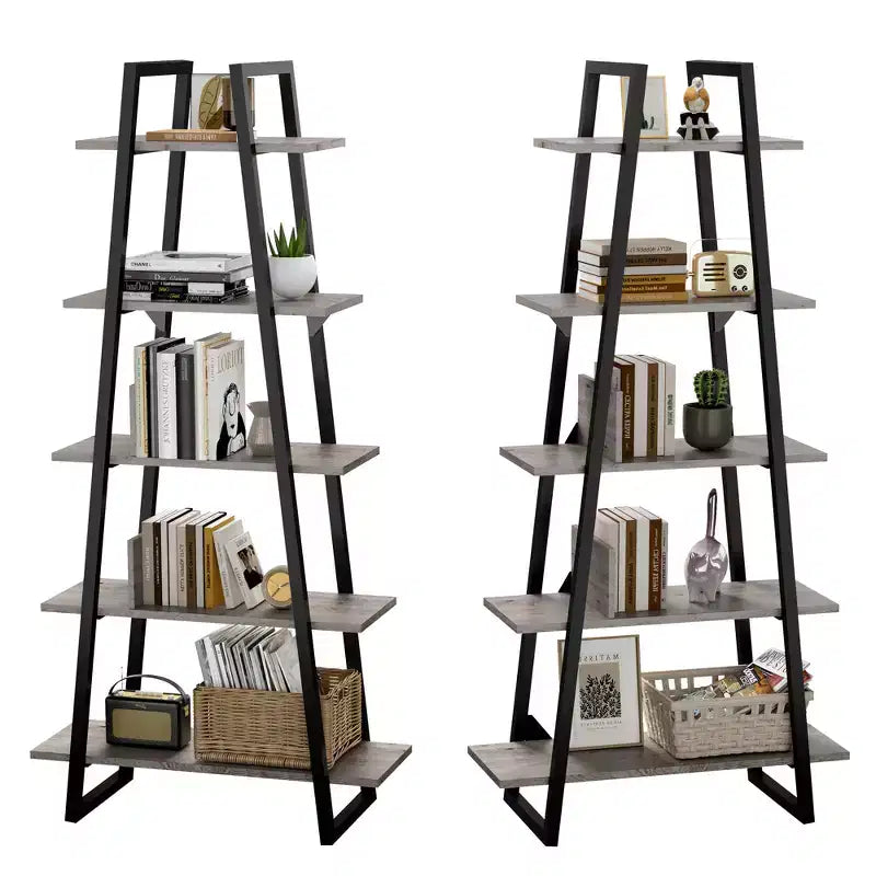 Libreria a Scala a 5 Ripiani, Scaffale da Terra Indipendente — Grigio Scuro / Venature del Legno Giallo Chiaro