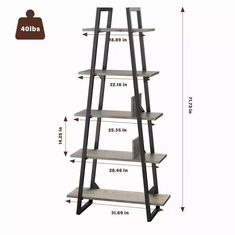 Libreria a Scala a 5 Ripiani, Scaffale da Terra Indipendente — Grigio Scuro / Venature del Legno Giallo Chiaro