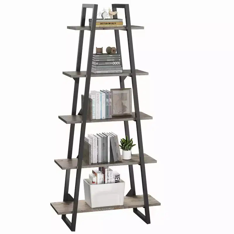 Libreria a Scala a 5 Ripiani, Scaffale da Terra Indipendente — Grigio Scuro / Venature del Legno Giallo Chiaro