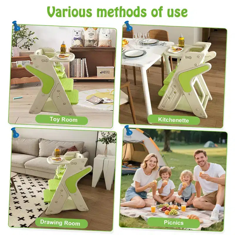 Seggiolone 3 in 1 regolabile per bambini, bianco e antracite/grigio/verde, per 1 bambino con vassoio e cintura di sicurezza