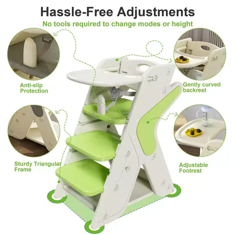 Seggiolone 3 in 1 regolabile per bambini, bianco e antracite/grigio/verde, per 1 bambino con vassoio e cintura di sicurezza