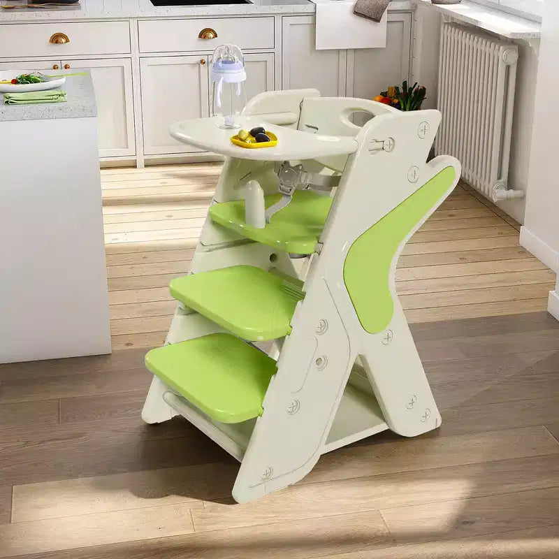 Seggiolone 3 in 1 regolabile per bambini, bianco e antracite/grigio/verde, per 1 bambino con vassoio e cintura di sicurezza