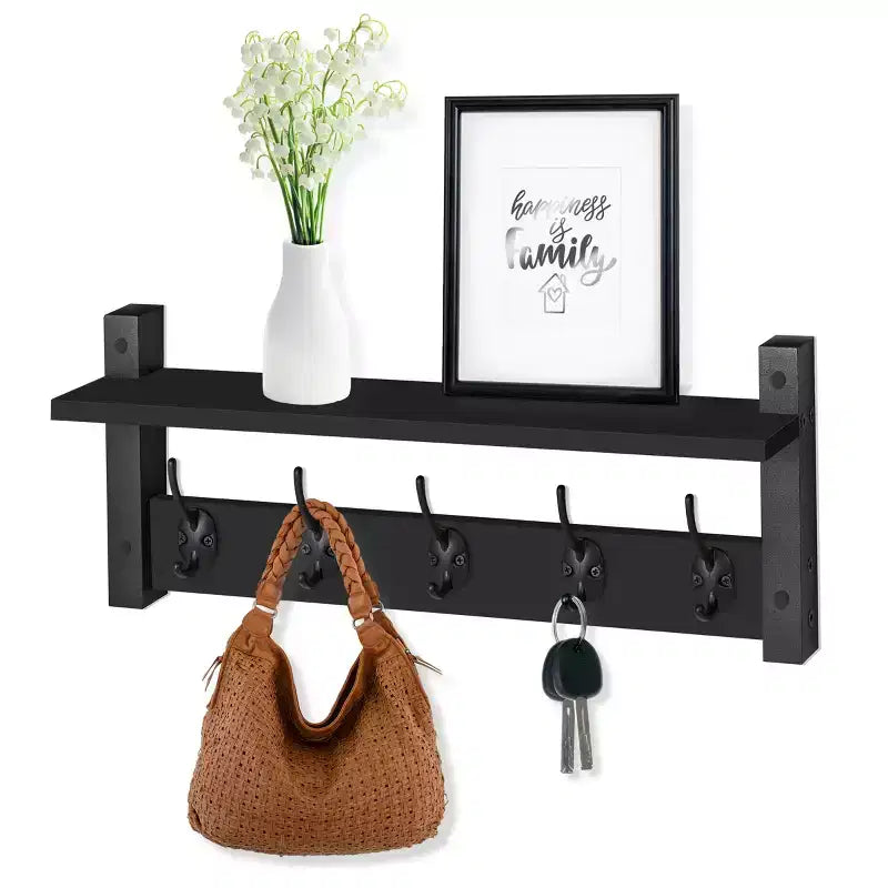 Sorbus 24 Inch Floating Wall Shelf with 5 Heavy Duty Hooks  for Entryway, Bathroom, Bedroom, Kitchen, or Mudroom