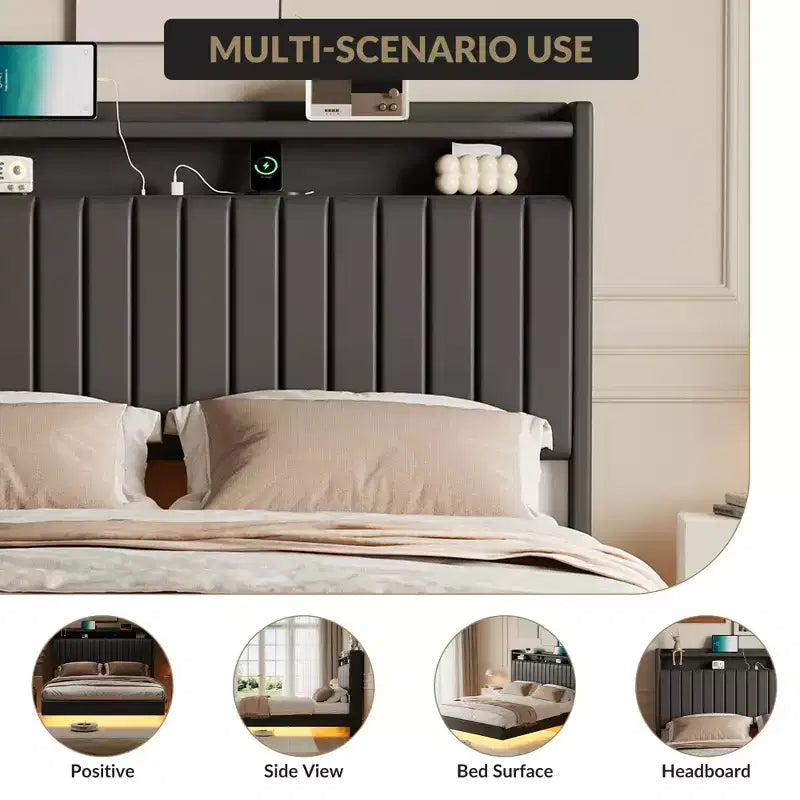 Letto matrimoniale imbottito nero con luci LED e stazione di ricarica, 2 posti letto
