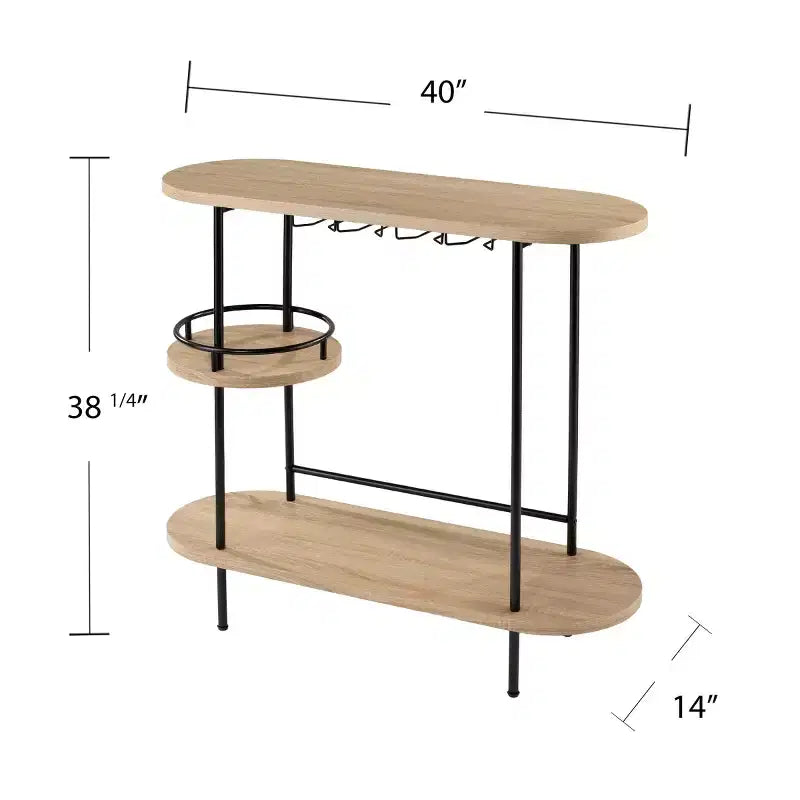 Carrello bar a 3 ripiani in ferro naturale e MDF con portabicchieri