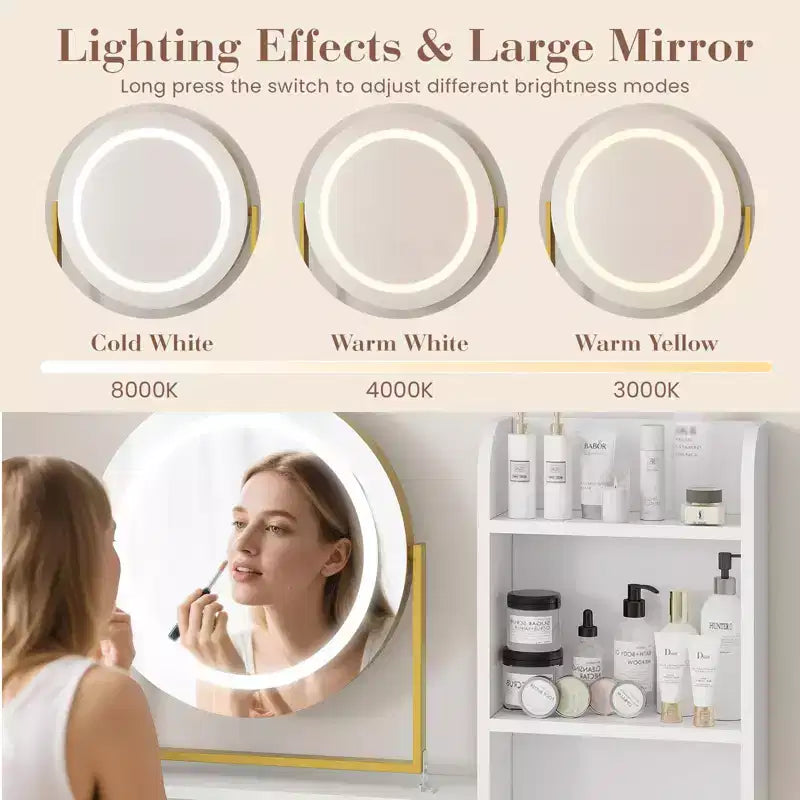 Moderna Toeletta con Specchio Girevole e Luce LED a 3 Colori, Tavolino da Trucco Singolo con Spazio Contenitore – Bianco e Nero / Bianco e Oro