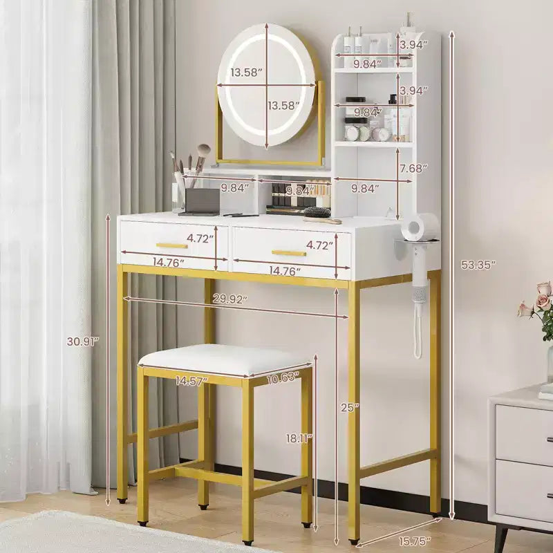 Moderna Toeletta con Specchio Girevole e Luce LED a 3 Colori, Tavolino da Trucco Singolo con Spazio Contenitore – Bianco e Nero / Bianco e Oro