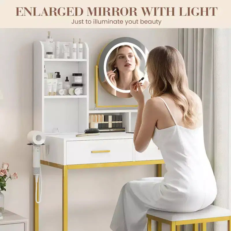 Moderna Toeletta con Specchio Girevole e Luce LED a 3 Colori, Tavolino da Trucco Singolo con Spazio Contenitore – Bianco e Nero / Bianco e Oro