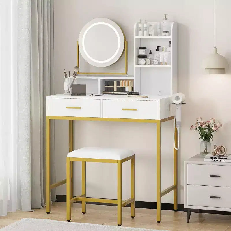 Moderna Toeletta con Specchio Girevole e Luce LED a 3 Colori, Tavolino da Trucco Singolo con Spazio Contenitore – Bianco e Nero / Bianco e Oro