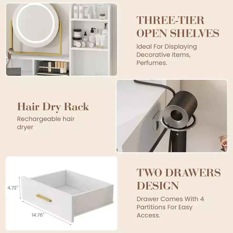 Moderna Toeletta con Specchio Girevole e Luce LED a 3 Colori, Tavolino da Trucco Singolo con Spazio Contenitore – Bianco e Nero / Bianco e Oro