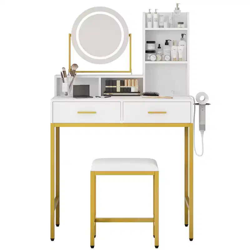 Moderna Toeletta con Specchio Girevole e Luce LED a 3 Colori, Tavolino da Trucco Singolo con Spazio Contenitore – Bianco e Nero / Bianco e Oro