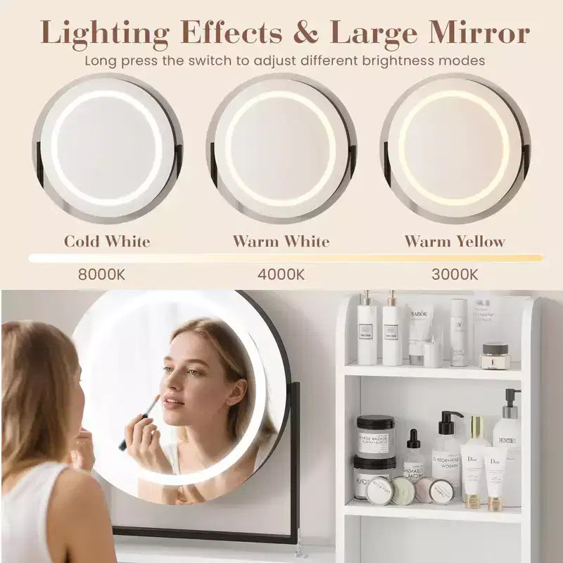 Moderna Toeletta con Specchio Girevole e Luce LED a 3 Colori, Tavolino da Trucco Singolo con Spazio Contenitore – Bianco e Nero / Bianco e Oro