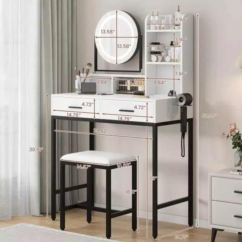Moderna Toeletta con Specchio Girevole e Luce LED a 3 Colori, Tavolino da Trucco Singolo con Spazio Contenitore – Bianco e Nero / Bianco e Oro