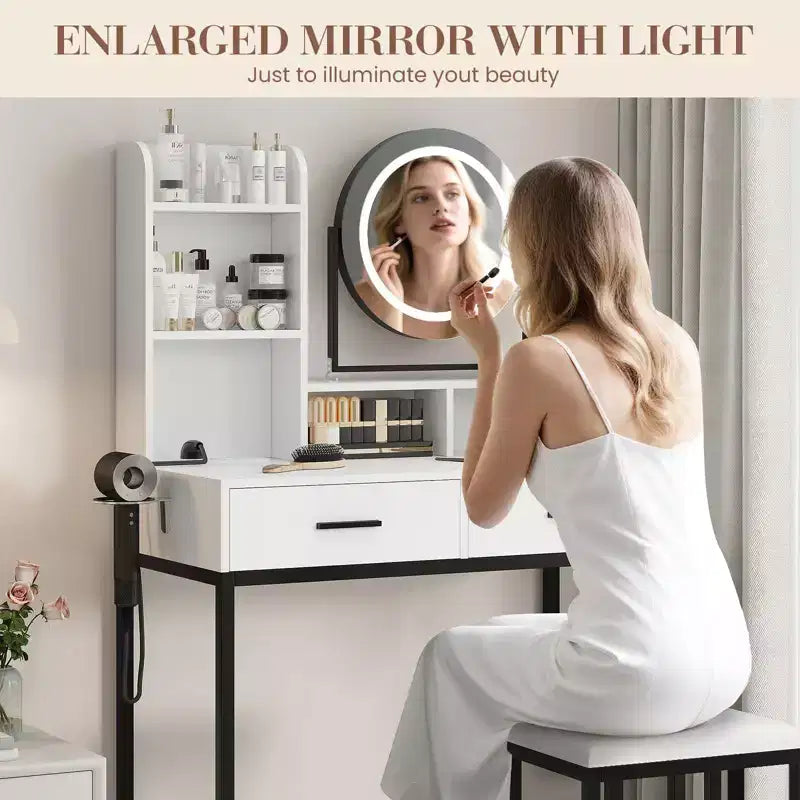 Moderna Toeletta con Specchio Girevole e Luce LED a 3 Colori, Tavolino da Trucco Singolo con Spazio Contenitore – Bianco e Nero / Bianco e Oro