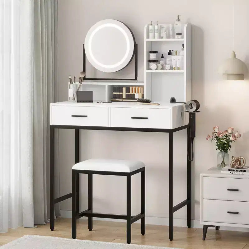 Moderna Toeletta con Specchio Girevole e Luce LED a 3 Colori, Tavolino da Trucco Singolo con Spazio Contenitore – Bianco e Nero / Bianco e Oro