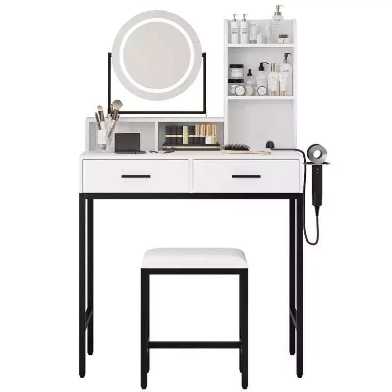 Moderna Toeletta con Specchio Girevole e Luce LED a 3 Colori, Tavolino da Trucco Singolo con Spazio Contenitore – Bianco e Nero / Bianco e Oro