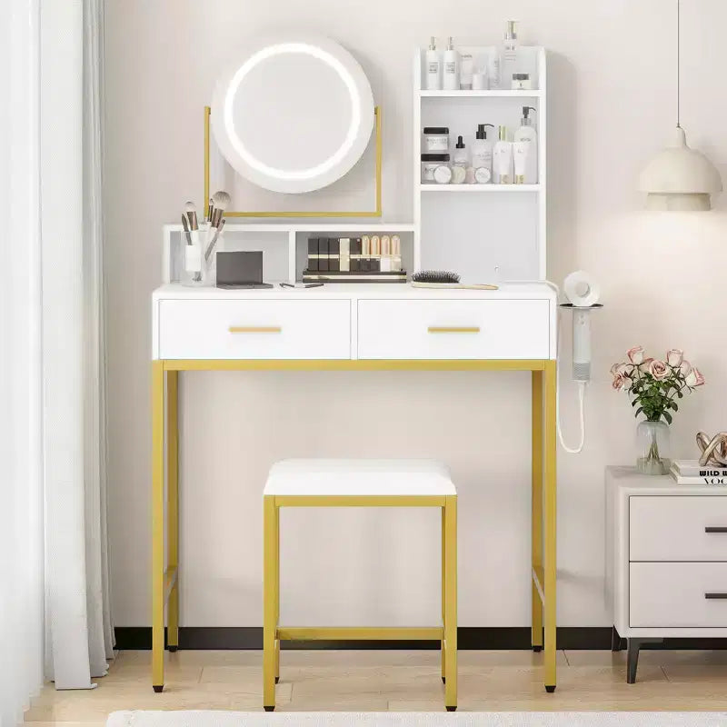 Moderna Toeletta con Specchio Girevole e Luce LED a 3 Colori, Tavolino da Trucco Singolo con Spazio Contenitore – Bianco e Nero / Bianco e Oro