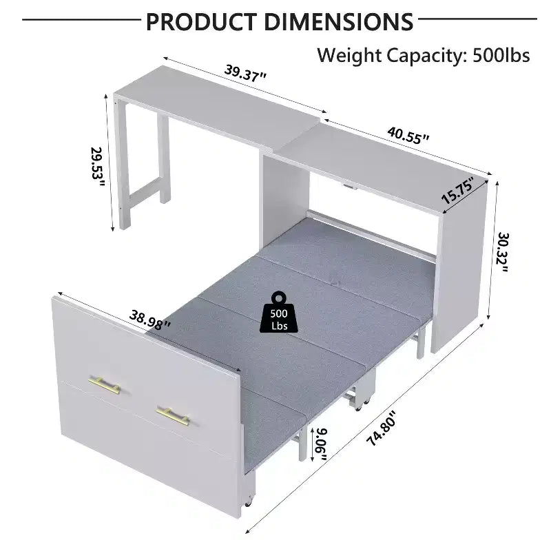 Letto a scomparsa Twin bianco con scrivania, 1 posto letto