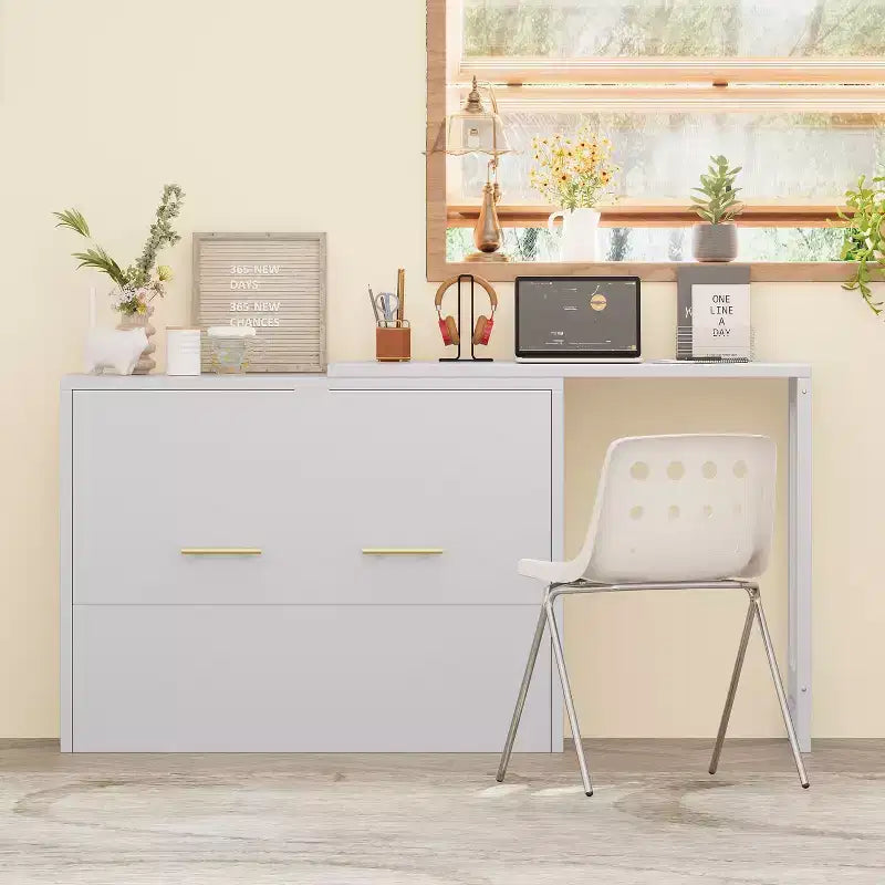 Letto a scomparsa Twin bianco con scrivania, 1 posto letto