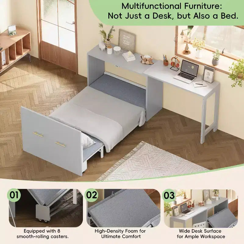 Letto a scomparsa Twin bianco con scrivania, 1 posto letto