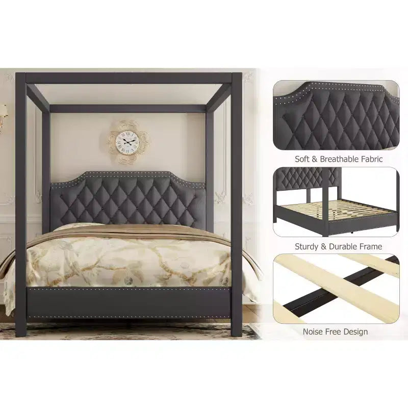 Struttura letto a baldacchino con piattaforma rivestita in tessuto Beige/Grigio e testiera con borchie — Piazza e mezza / Matrimoniale