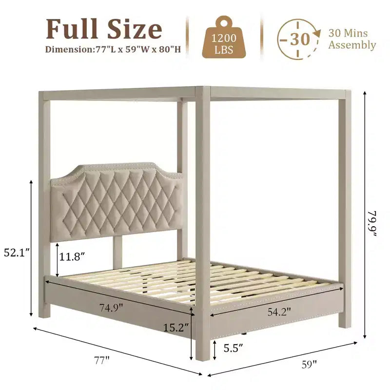Struttura letto a baldacchino con piattaforma rivestita in tessuto Beige/Grigio e testiera con borchie — Piazza e mezza / Matrimoniale
