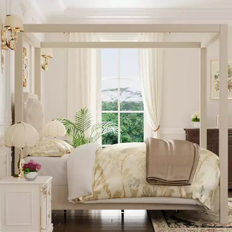 Struttura letto a baldacchino con piattaforma rivestita in tessuto Beige/Grigio e testiera con borchie — Piazza e mezza / Matrimoniale