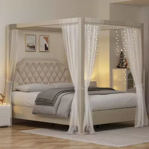Canopy Bed Frame with Nailhead Headboard, Upholstered Platform Bed with 1200LB Capacity, Solid Wood Slats, No Box Spring Needed, Noise Free