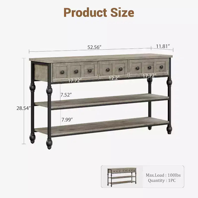 Consolle industriale a 3 cassetti e 3 ripiani da 52", colore grigio/retrò, montaggio per 1 persona