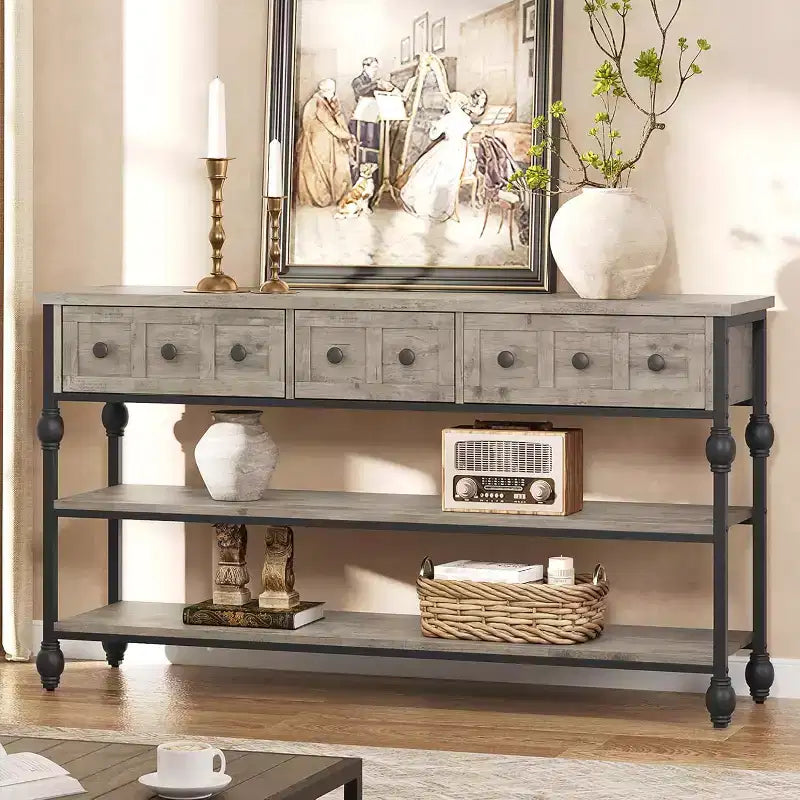 Consolle industriale a 3 cassetti e 3 ripiani da 52", colore grigio/retrò, montaggio per 1 persona