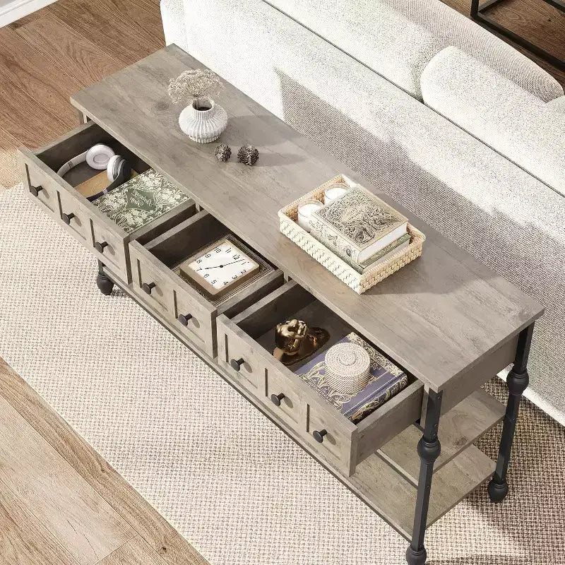 Consolle industriale a 3 cassetti e 3 ripiani da 52", colore grigio/retrò, montaggio per 1 persona