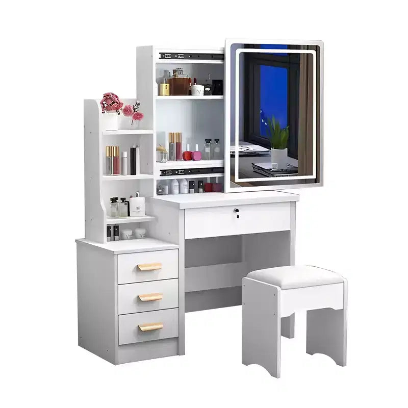 Set toeletta moderno bianco con specchio illuminato, 1 sedia, utente singolo