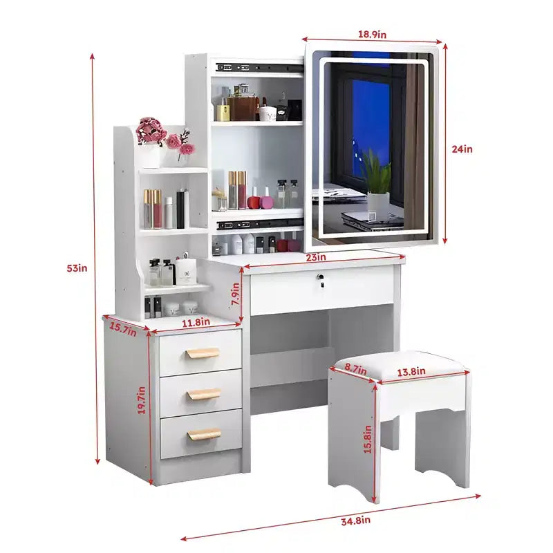 Set toeletta moderno bianco con specchio illuminato, 1 sedia, utente singolo