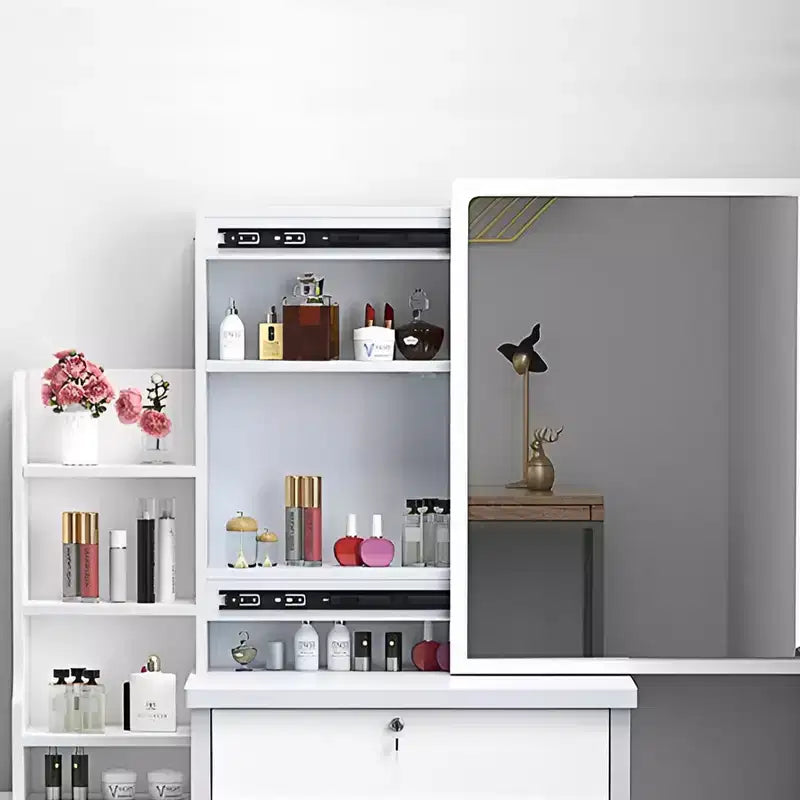 Set toeletta moderno bianco con specchio illuminato, 1 sedia, utente singolo
