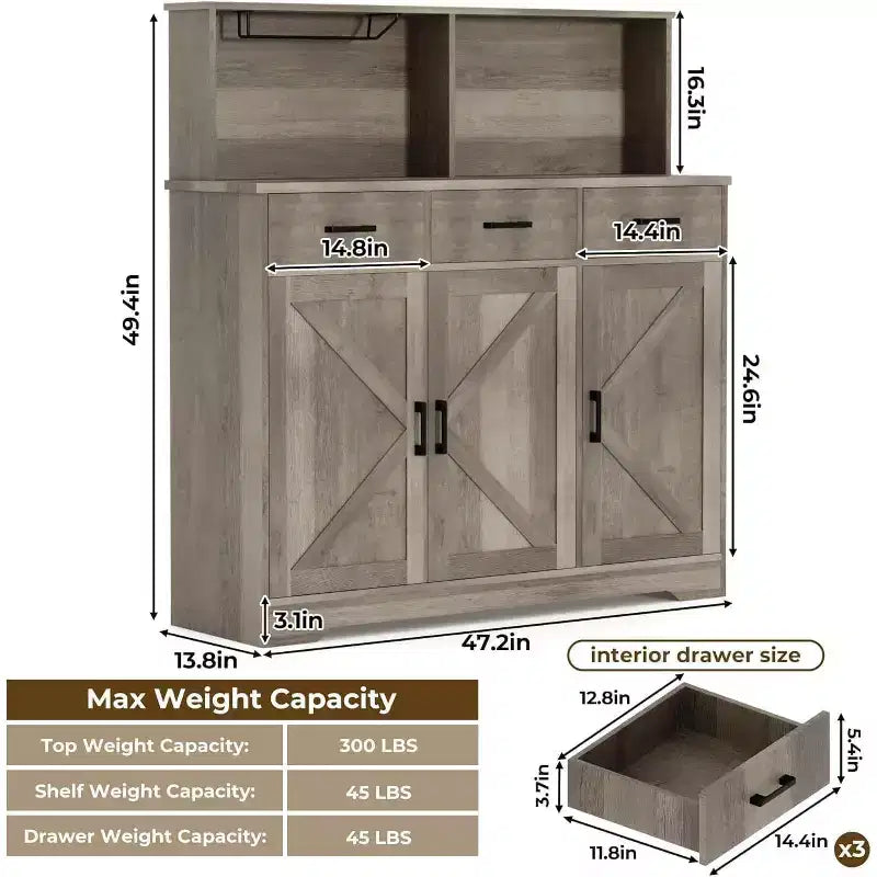 Credenza da Cucina Stile Rustico Marrone/Grigio/Bianco con Ripiano per Microonde, 3 Ante, Montaggio per 1 Persona