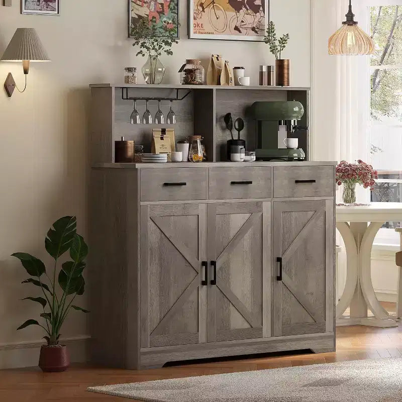 Credenza da Cucina Stile Rustico Marrone/Grigio/Bianco con Ripiano per Microonde, 3 Ante, Montaggio per 1 Persona