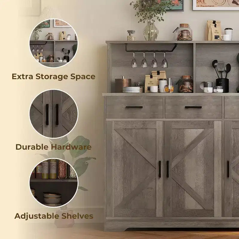 Credenza da Cucina Stile Rustico Marrone/Grigio/Bianco con Ripiano per Microonde, 3 Ante, Montaggio per 1 Persona