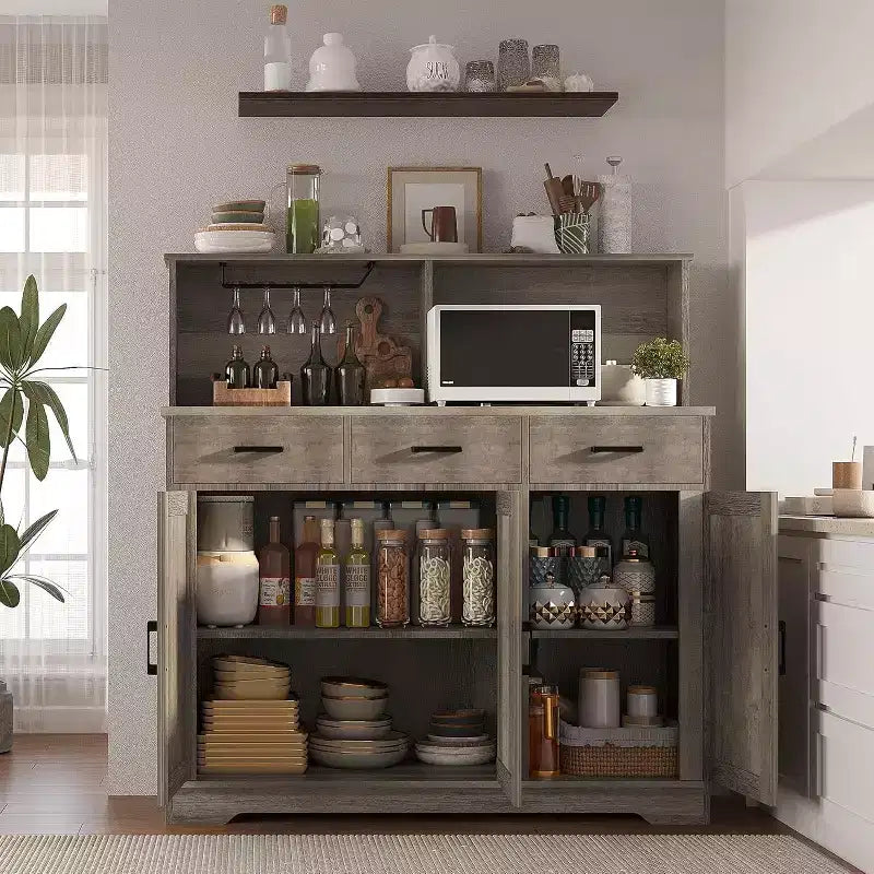 Credenza da Cucina Stile Rustico Marrone/Grigio/Bianco con Ripiano per Microonde, 3 Ante, Montaggio per 1 Persona
