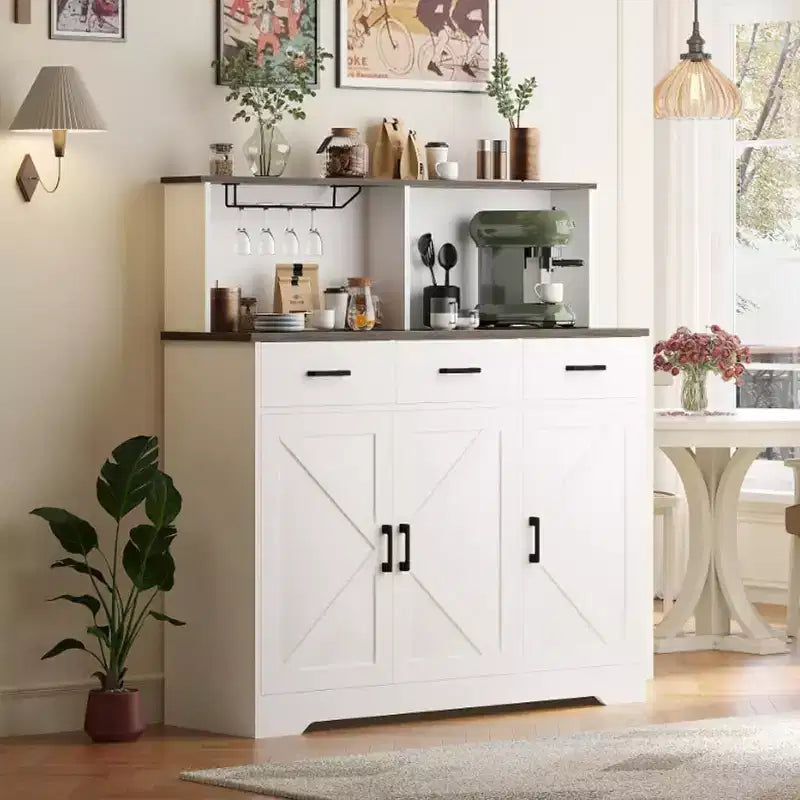 Credenza da Cucina Stile Rustico Marrone/Grigio/Bianco con Ripiano per Microonde, 3 Ante, Montaggio per 1 Persona