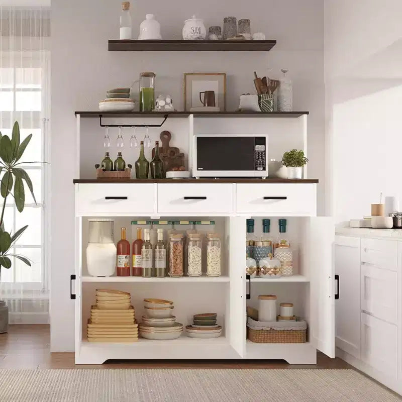 Credenza da Cucina Stile Rustico Marrone/Grigio/Bianco con Ripiano per Microonde, 3 Ante, Montaggio per 1 Persona