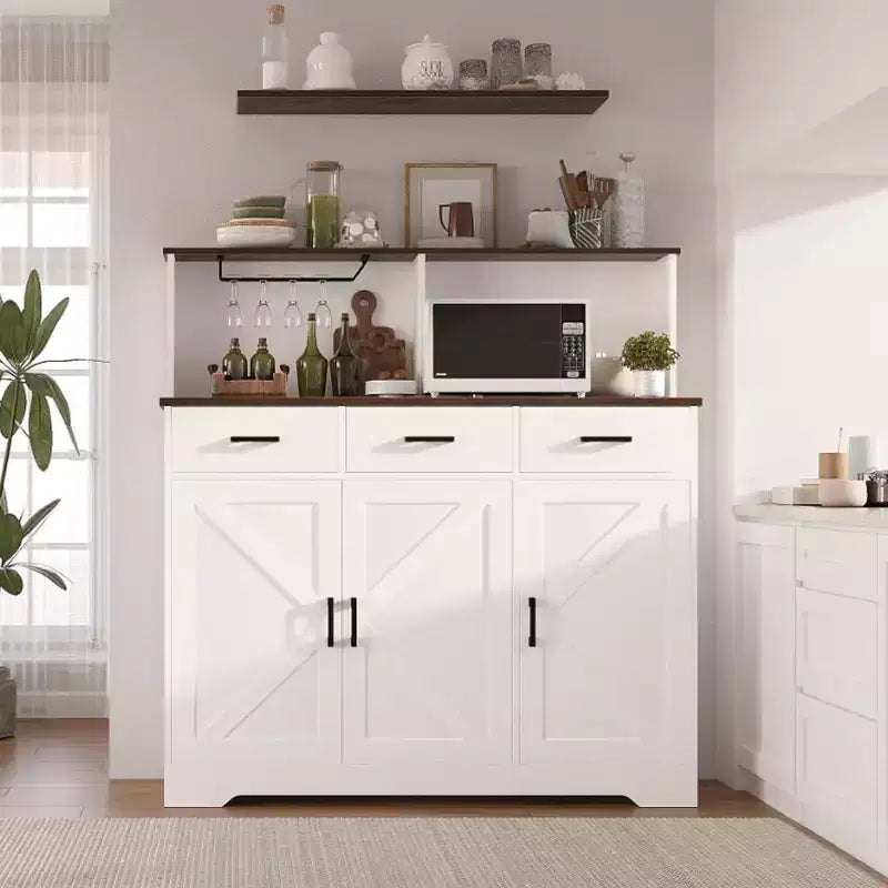 Credenza da Cucina Stile Rustico Marrone/Grigio/Bianco con Ripiano per Microonde, 3 Ante, Montaggio per 1 Persona