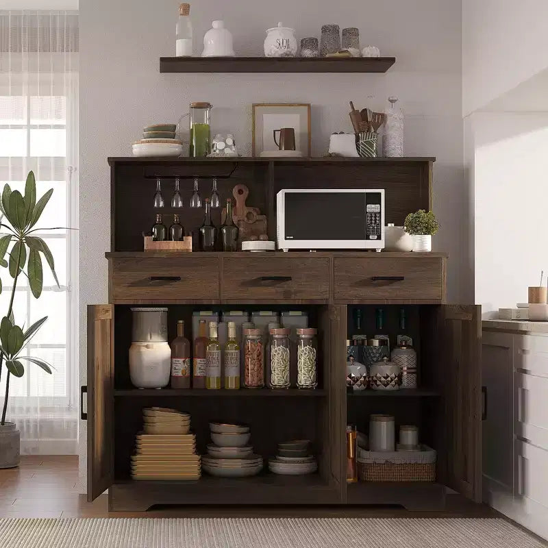 Credenza da Cucina Stile Rustico Marrone/Grigio/Bianco con Ripiano per Microonde, 3 Ante, Montaggio per 1 Persona